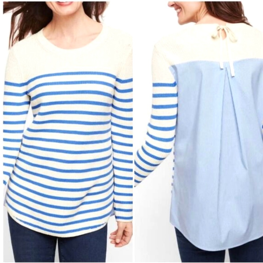NWT New Talbots Mixed Media Sweater White Blue Stripe Shirt Back Petite XL